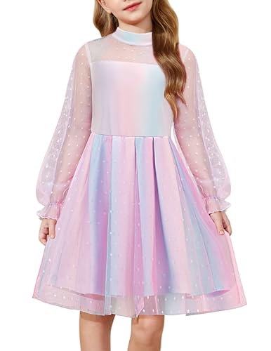 Arshiner Kleider Mädchen Rosa Farbverlauf Mesh-Puff Langarmkleid A-Linie Partykleid Kinder Festliches Kleid Elegant Herbstkleid Mode Geburtstagskleid Kinderkleidung 6-7 Jahre von Arshiner
