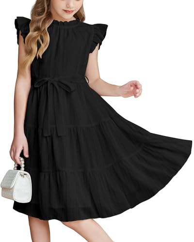 Arshiner Kleider Mädchen Schwarz Ärmelloses Sommerkleid Rundhals Kinderkleid Formelle Festlichkleid Kinder Einschulungskleid Swing Partykleider mit Gürtel 9-10 Jahre von Arshiner