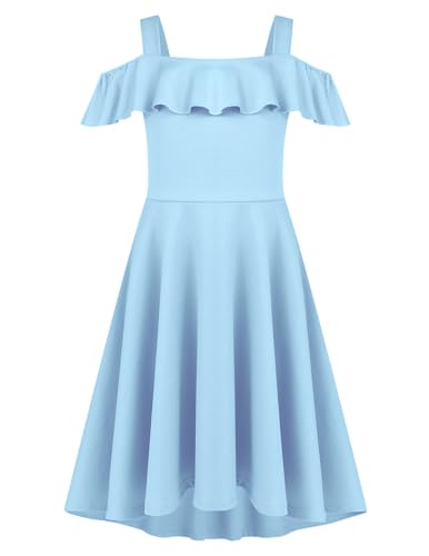 Arshiner Kleider Mädchen Sommerkleid Blau Partykleid Schulterfreies Kinderkleid Teenager Festlichkleid Rüschen Einschulungskleid Casual Kleid Mit Tasche 130/8-9 Jahre von Arshiner