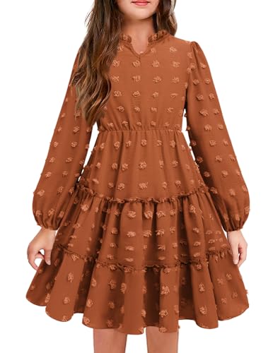 Arshiner Kleider Mädchen V-Ausschnitt Langarmkleid Swiss Dot Chiffonkleid A-Linie Festlicheskleid Kinder Volant Stufenkleid Herbst Winter Kinderkleider Braun 150/11-12 Jahre von Arshiner