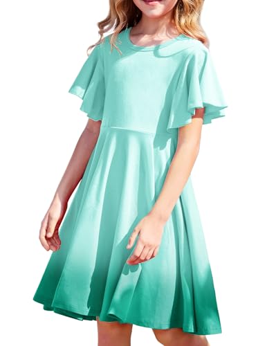 Arshiner Kleider Teenager Mädchen Kurzarm Sommerkleid Baumwolle Kinderkleider A-Line Partykleid Swing Kleid Schulanfang Freizeitkleid Grün kinderkleidung mit Tasche von Arshiner