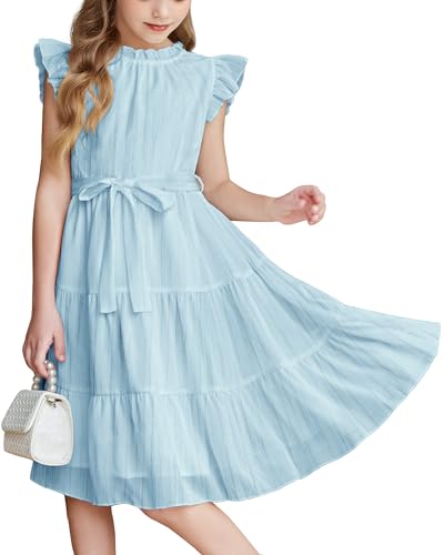 Arshiner Kleider für Mädchen Blau Ärmelloses Chiffonkleid Kinder Rüschenkleid Festliche Kleid Freizeitkleid Einschulungskleid Kinderkleid Blumenmädchenkleider mit Gürtel 10-11 Jahre von Arshiner