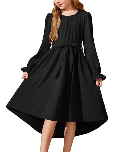 Arshiner Kleider für Mädchen Chiffonkleid Langarm Freizeitkleid Kinder Schwarzes Halloween Kleid Partykleid Herbst Winterkleid Festlich Abendkleid mit Gürtel 9-10 Jahre von Arshiner