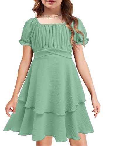 Arshiner Kleider für Mädchen Festkleider Sommerkleider Quadratischer Kragen Kleid Grün Kinder Abendkleider Puffärmel Prinzessinnenkleid mit Gürtel 10-11 Jahre von Arshiner