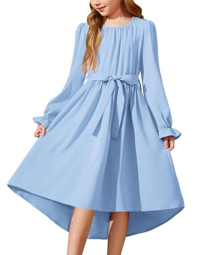 Arshiner Kleider für Mädchen Festliches Kleid Langarm Winterkleid Kinder High Low Abendkleid Blau Chiffonkleid mit Gürtel 5-6 Jahre von Arshiner