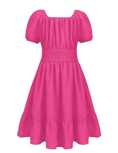 Arshiner Kleider für Mädchen Kleid Kurzarm Kinderkleider Quadratischem Ausschnitt Sommer Partykleid Festliches Ballkleid Strandkleid Prinzessin Kleid Rose Rot 120 von Arshiner