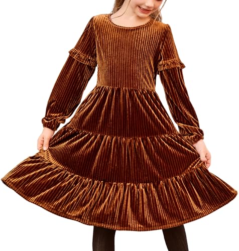 Arshiner Kleider für Mädchen Langarm Kleider Karamell Samtkleid Herbstkleid A-Linie Prinzessin Kinderkleid Winterkleid Freizeitkleid Partykleid mit Tasche,Gr 8-9Jahre von Arshiner