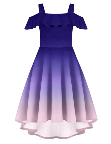 Arshiner Kleider für Mädchen Off Shoulder Kleid Farbverlauf Sommer Kinderkleider Freizeitkleid Partykleid Lässig Kinderkleidung mit Tasche Navy Blau 150/11-12 Jahre von Arshiner