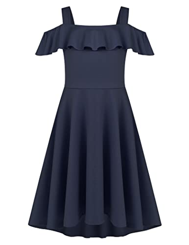 Arshiner Kleider für Mädchen Off Shoulder Kleid Sommer Kinderkleider Freizeitkleid Partykleid Halloweenkleid Lässig Kinderkleidung mit Tasche Navy Blau 120/6-7 Jahre von Arshiner