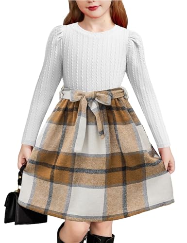 Arshiner Kleider für Mädchen Puff Langarm Herbst Winter Kleid Kinder Rippstrick Kariert Patchwork Festlich Freizeitkleid Prinzessinkleid Weiß/Braun kariert 150 11-12 Jahre von Arshiner