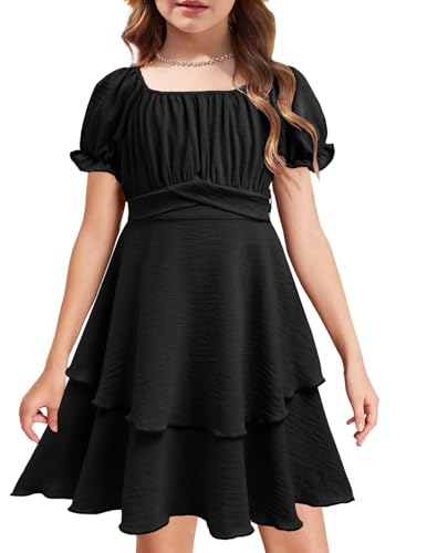 Arshiner Kleider für Mädchen Puffärmel Chiffonkleid Sommer Kinder Kleid Eckiger Kragen Abendkleider Schwarz Partykleider Freizeitkleid mit Gürtel 9-10 Jahre von Arshiner