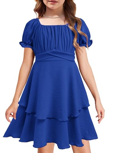 Arshiner Kleider für Mädchen Puffärmel Rüschenkleid Chiffon Midikleider Kinder Freizeitkleider Lagenkleid Einschulungskleider mit Gürtel Blau 5-6 Jahre von Arshiner