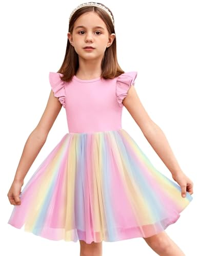 Arshiner Kleider für Mädchen Regenbogen Kleid Flatterärmeln Sommerkleid A-Line Partykleid Prinzessinenkleid Tutu Geburtstagskleid Ballkleid Rosa 120/6-7Jahre von Arshiner