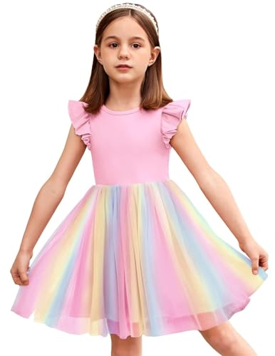 Arshiner Kleider für Mädchen Regenbogen Kleid Flatterärmeln Sommerkleid A-Line Partykleid Prinzessinenkleid Tutu Geburtstagskleid Ballkleid Rosa 80/2-3Jahre von Arshiner