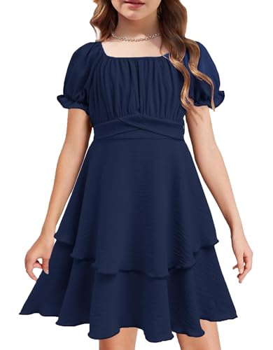 Arshiner Kleider für Mädchen Sommerkleider Kurzarm Chiffonkleid Blau Drehkleid Kinder Freizeitkleid Kurz Ballkleider mit Gürtel 11-12 Jahre von Arshiner