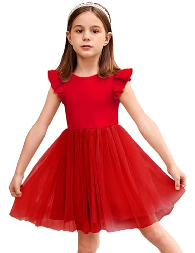 Arshiner Kleinkind Kleid Mädchen Prinzessinenkleid Tüll Partykleid Rüschenärmeln Sommerkleid Rundhals Festlicheskleid Weihnachtskleid Rot 100/4-5Jahre von Arshiner