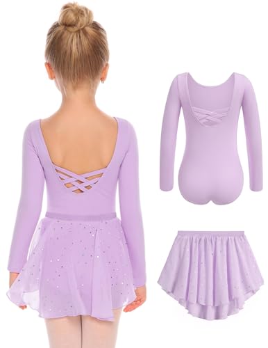 Arshiner Langarm Ballettkleidung für Mädchen Rückenfrei Ballettanzug Ballettkleid Kinder Baumwolle Tanzkleid Ballet Turnanzug mit Chiffon Wickelrock Lila 130 3-4 Jahre von Arshiner