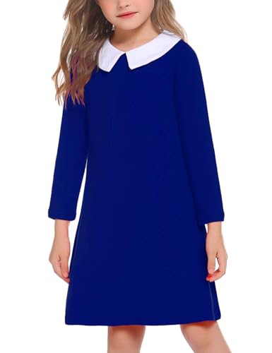 Arshiner Langarm Kleider Mädchen Kinderkleid Peter Pan Kragen Festlichekleid Kinder A Linien Kleid Baumwollekleid Casual Party Kleider Blau 130/8-9 Jahre von Arshiner
