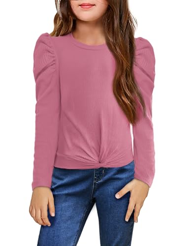 Arshiner Langarm T-Shirt Rosa Mädchen Sweatshirts Rundhals Top Einfarbig Freizeit Tshirt Pullover mit Puffärmeln Lässiges Oberteile Kinder Mode Elastisches Herbst Kinderkleidung 140/8-9 Jahre von Arshiner