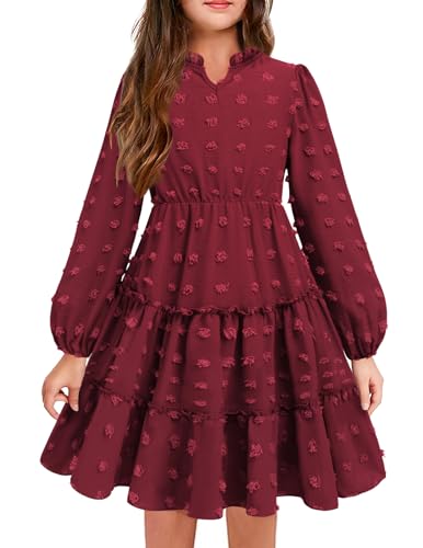 Arshiner Langarmkleid Mädchen Chiffonkleid A Line Festlichkleid Kinder Einfarbig Abendkleid Kinderkleider Puffärmel Weihnachtskleid Rot Schuleinführungskleid 130/9-10 Jahre von Arshiner