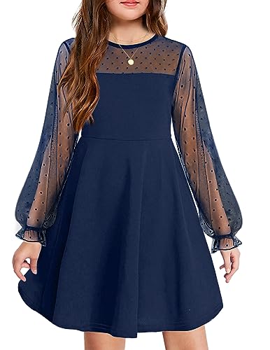 Arshiner Langarmkleid Mädchen Meshkleid A-Linie Elegant Casual Partykleid Prinzessin Kleid Herbst Winter Navyblau 120 6-7 Jahre von Arshiner