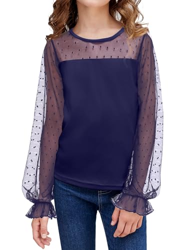 Arshiner Langarmshirt Mädchen Chiffon Tunika Kinder Langarm T-Shirt Laternen Ärmel Oberteile Rundhals Freizeit Elegant Herbst Winter Mode Tshirt für Mädchen 10-11 Jahre Navy Blau von Arshiner