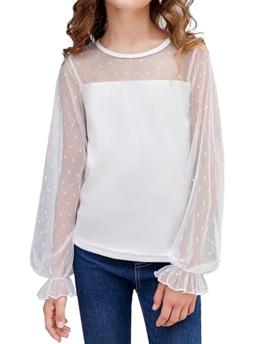 Arshiner Langarmshirt Mädchen Chiffon Tunika Kinder Langarm T-Shirt Laternen Ärmel Oberteile Rundhals Freizeit Elegant Herbst Winter Mode Tshirt für Mädchen 3-4 Jahre Weiß von Arshiner