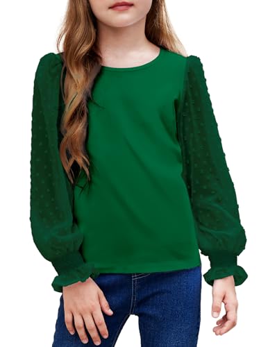 Arshiner Langarmshirt für Mädchen mit gesmokten Rüschenmanschetten Gepunktete Pullover Shirt für Mädchen süßes Rundhals Oberteil Bluse Tops Kinder Grün 140 von Arshiner