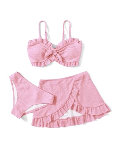 Arshiner Mädchen 3-teilige Krawatte Front Ruffle Trim Bikini Set Sommer Strand Bademode Top+Rocks +Slips Badebekleidung Kinder Badeanzüge mit Rock Bademode Schwimmanzug für Mädchen 9-10 Jahre von Arshiner