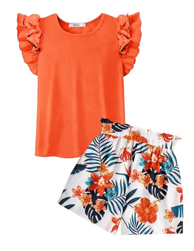 Arshiner Mädchen Ärmelloses Bekleidungssets Sommer Outfit Orange T-Shirt mit Shorts Kleidung Set Kinder Freizeitanzug Mode Top Zweiteiler Sets Mädchenkleidung mit Taschen 13-14 Jahre von Arshiner