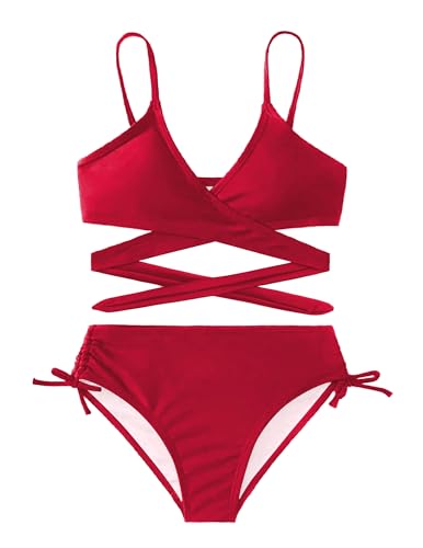 Arshiner Mädchen Badeanzüge Bikini Set Zweiteiliger Badeanzug Kinder Criss Cross Bustier & Bikinislip Triangle Bikini Schwimmanzug für Mädchen Rot 130 7-8 Jahre von Arshiner