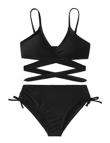 Arshiner Mädchen Badeanzüge Bikini Set Zweiteiliger Badeanzug Kinder Criss Cross Bustier & Bikinislip Triangle Bikini Schwimmanzug für Mädchen Schwarz 120 6-7 Jahre von Arshiner