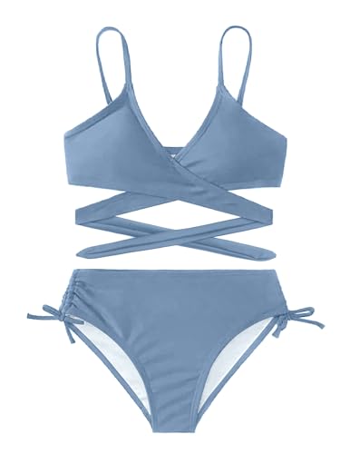 Arshiner Mädchen Badeanzüge Bikini Tankini Set Zweiteiliger Badeanzug Solide Mädchen Strand Sport Badebekleidung Grau Blau 130 7-8 Jahre von Arshiner