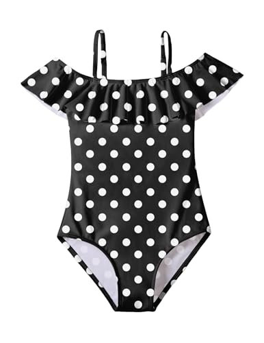 Arshiner Badeanzug für Mädchen Bademode Verstellbarer Spaghettiträgern Schwimmanzug Rüschen Kinder Punktmuster Swimsuit Schwarz 150/11-12Jahre von Arshiner