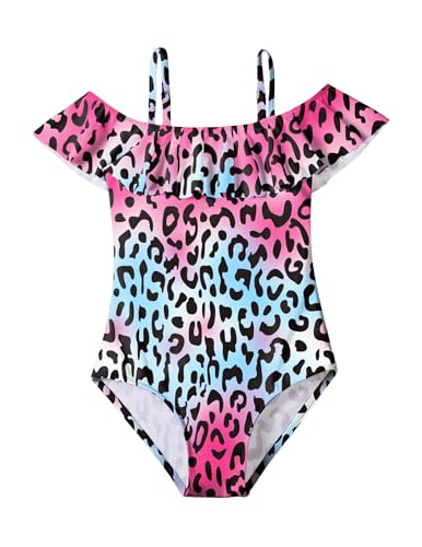 Arshiner Mädchen Einteiler Badeanzug Kinder One Piece Swimsuit Bunt Schwimmanzug Leopardenmuster Bademode Rüschen Badeanzüge 150/11-12Jahre von Arshiner