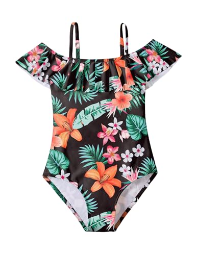 Arshiner Mädchen Badeanzug Kinder One Piece Swimsuit Rüschen Bademode Blumen Schwimmanzug Schwarz Badebekleidung 110/4-5Jahre von Arshiner