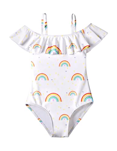 Arshiner Badeanzug für Mädchen Einteiler Swimsuit Regenbogen Schwimmanzug Kinder Bademode Rüschen Weiss Badeanzüge 110/4-5Jahre von Arshiner