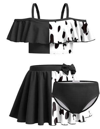 Arshiner Mädchen Badeanzug 3-teilig Blumen-Bikini Badeanzug Bademode Rüschenärmel Strand Bademode Badebekleidung Schwimmen Badeset für Kinder Kuh-Druck 130 von Arshiner