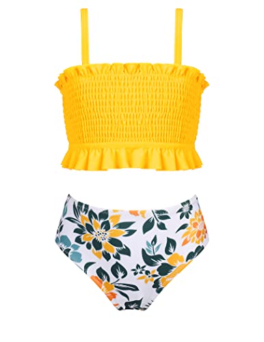 Arshiner Mädchen Badeanzug Kinder Gesmokte Bikini mit Rüschen Verstellbaren Träger Tankini Blumen Bikini Höschen Zweiteiliger Badebekleidung Gelb 120/5-6 Jahre von Arshiner