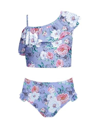 Arshiner Mädchen Badeanzug Zweiteiliger Kinder Bikini Set Floral Schwimmanzug Rüschen Bademode Badebekleidung Swimsuit Strand Lila 122 von Arshiner