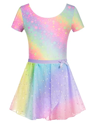 Arshiner Mädchen Ballettanzug Kurzarm Ballettkleid Kinder Ballettkleidung Regenbogen Tanzkleid Turnanzug mit Rock Tütü 120/3-4 Jahre von Arshiner