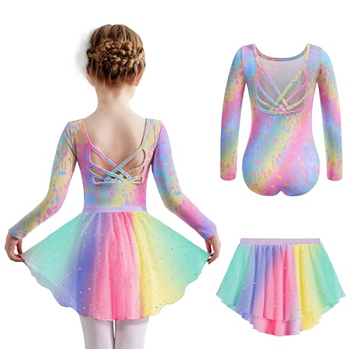 Arshiner Mädchen Ballettkleid Regenbogen Langarm Baumwolle Ballettkleidung Tanzkleid Rückenfrei Balletttrikot Kinder Ballett Trikot mit Tütü Ballettanzug Tanztrikot 150/7-8 Jahre von Arshiner