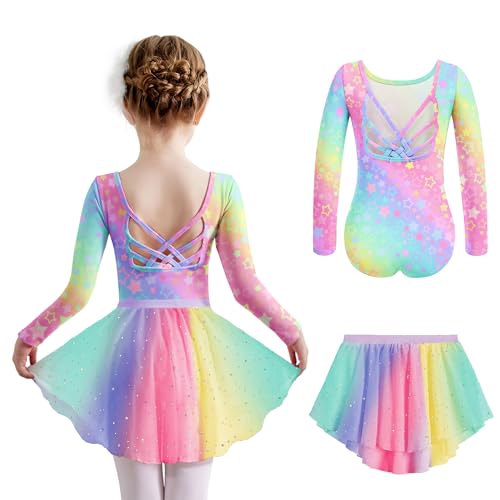 Arshiner Mädchen Ballettkleid Sterne Regenbogen Ballettkleidung Zweiteilig Kinder Baumwolle Tanzkleid Rückenfrei Ballerina Kleid Langarm Ballettanzug Ballett Trikot mit Tütü 140/5-6 Jahre von Arshiner