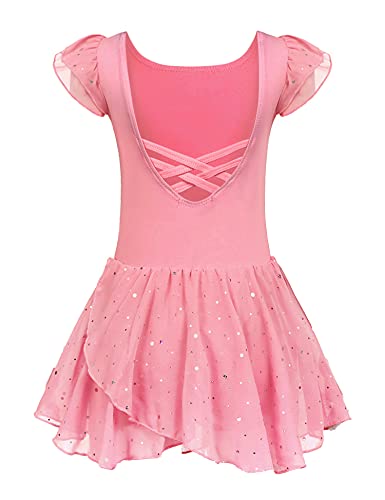 Arshiner Kinder Ballettkleidung Mädchen Ballettkleid Rosa Kurzarm Balletttrikot Baumwolle Ballettanzug Tanzkleid mit Rock Tütü 3-4 Jahre von Arshiner