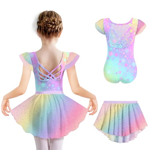 Arshiner Mädchen Ballettkleidung Regenbogen Ballettkleid Zweiteiliges Kinder Baumwolle Tanzkleid Rückenfrei Ballett Trikot Ballettanzug Tanztrikot Kleinkind Ballerina Kleid mit Tütü 110/2-3 Jahre von Arshiner