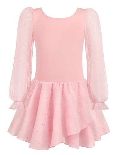 Arshiner Mädchen Ballettkleidung Rosa Baumwolle Ballettkleid Kinder Mesh Langarm Tanzkleid Kleinkind Balllett Kleider mit Pailletten Tütü 140/6-7 Jahre von Arshiner