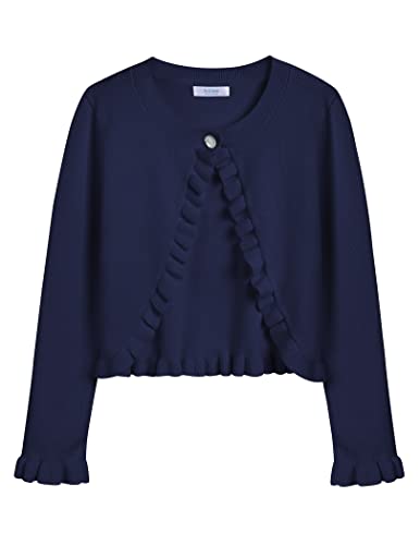 Arshiner Mädchen Basic Strickjacke Shrug Rüschen Kurzer Bolero Elegante Bolerojacke kurz für Kommunionkleid Taufkleid Navy blau 140 von Arshiner