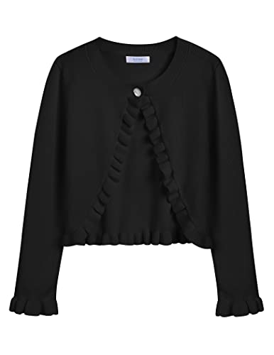 Arshiner Mädchen Basic Strickjacke Shrug Rüschen Kurzer Bolero Elegante Bolerojacke kurz für Kommunionkleid Taufkleid Schwarz 110 von Arshiner