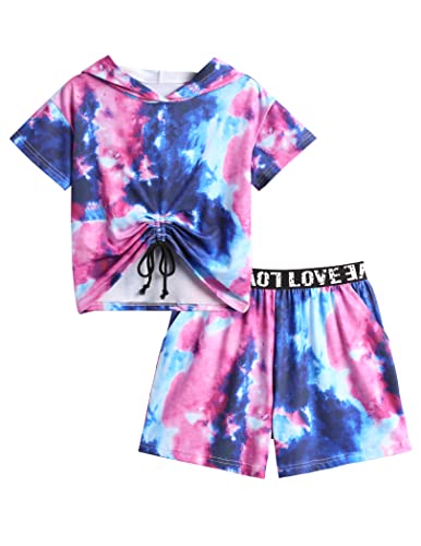 Arshiner Mädchen Batik Sportanzug Hoodie mit Shorts Sets Tie-dye Freizeit Trainingsanzüge Kinder Mode Sommer Kleidungsset für Mädchen 13-14 Jahre von Arshiner