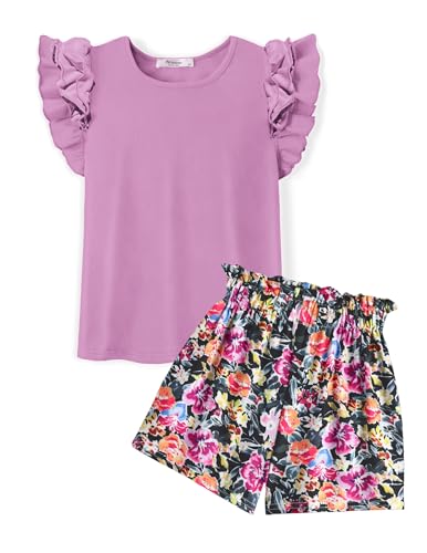 Arshiner Mädchen Baumwolle Bekleidungssets Lila Sommer Outfit Rüschenärmel Rundhals T-Shirt mit Shorts Set Kinder Freizeit Zweiteiler Mädchenkleidung mit Tasche 13-14 Jahre von Arshiner